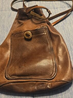 Compact Brown Leather Backpack Crossbody with Front Patch Pocket